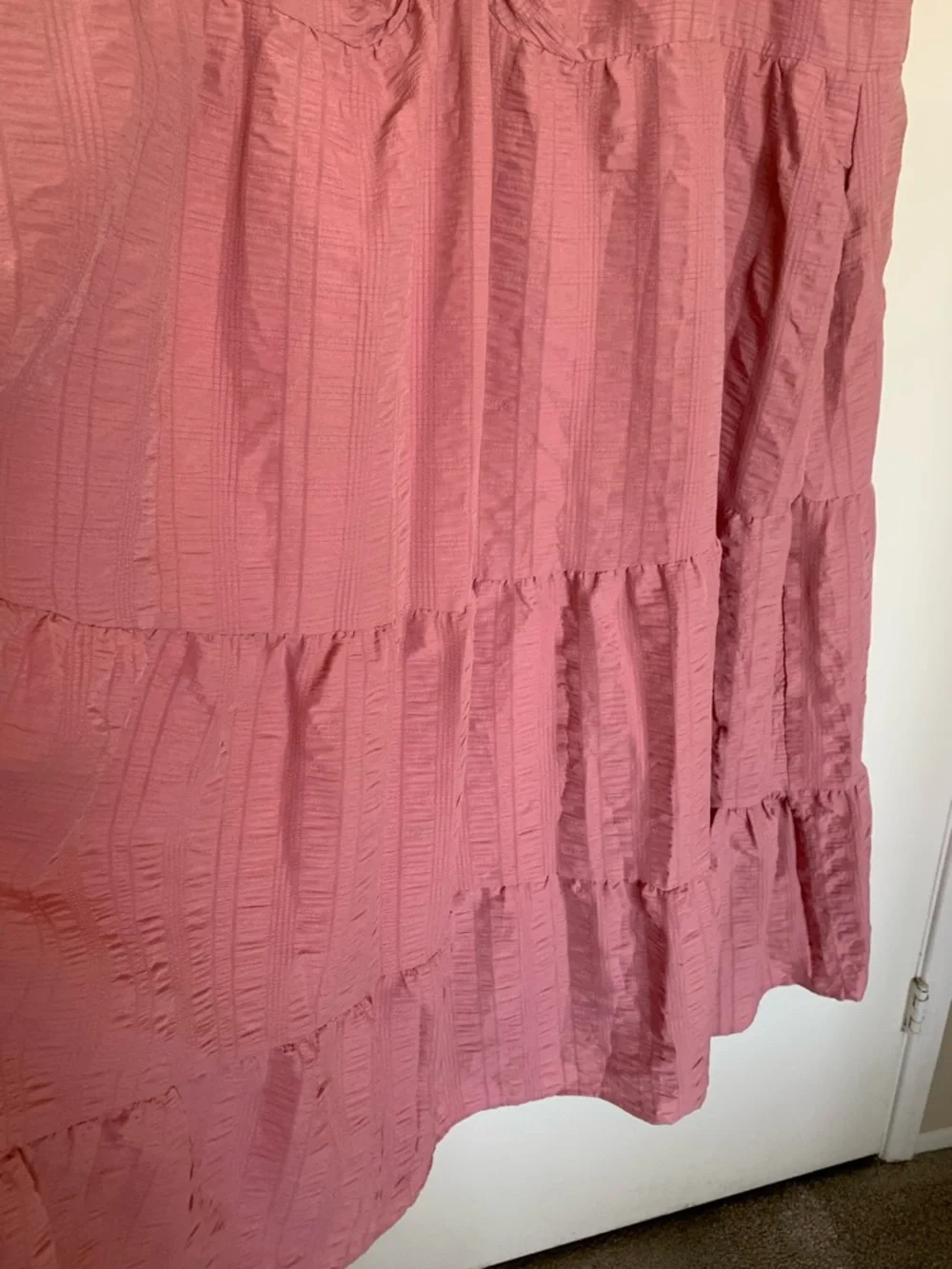 BloomChic Pink Tiered Dress Plus Size 30 Ruched Bodice, Textured, Short Sleeves - Picture 6 of 7